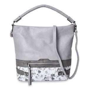 Gray w/Floral Faux Leather Hobo Bag w/Long Straps